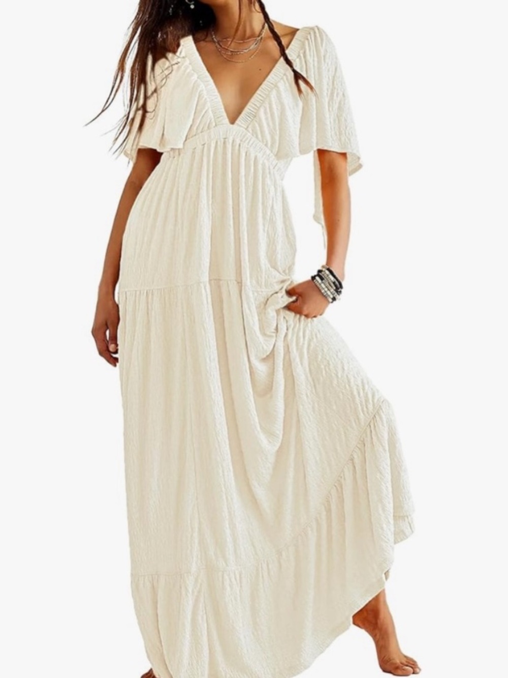 Kikibell V Neck Maxi Dress Tiered Flutter Sleeve Women’s Size Medium